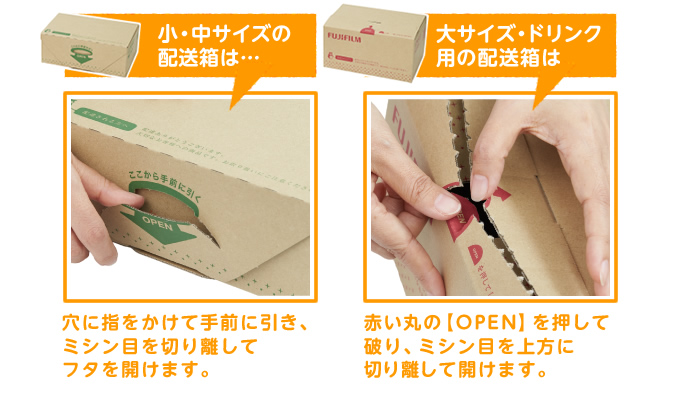小・中サイズの配送箱は…穴に指をかけて手前に引き、ミシン目を切り離してフタを開けます。大サイズ・ドリンク用の配送箱は赤い丸の【OPEN】を押して破り、ミシン目を上方に切り離して開けます。