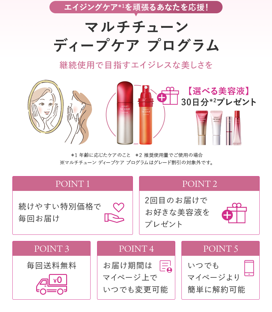 エイジングケア＊1を頑張るあなたを応援！ マルチチューン ディープケア プログラム 継続使用で目指すエイジレスな美しさを 選べる美容液 30日分＊2プレゼント ＊1 年齢に応じたケアのこと ＊２ 推奨使用量でご使用の場合 ※マルチチューン ディープケア プログラムはグレード割引の対象外