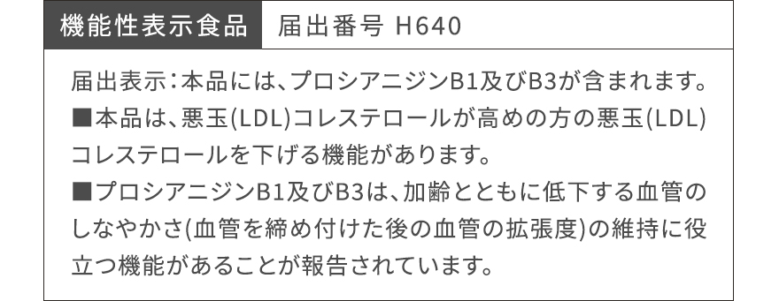 機能性表示食品　届出番号 H640｜届出表示：本品には、プロシアニジンB1及びB3が含まれます。■本品は、悪玉(LDL)コレステロールが高めの方の悪玉(LDL)コレステロールを下げる機能があります。■プロシアニジンB1及びB3は、加齢とともに低下する血管のしなやかさ(血管を締め付けた後の血管の拡張度)の維持に役立つ機能があることが報告されています。