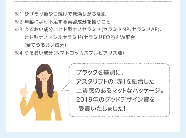 ブラックを基調に、アスタリフトの「赤」を融合した上質感のあるマットなパッケージ。2019年のグッドデザイン賞を受賞いたしました！