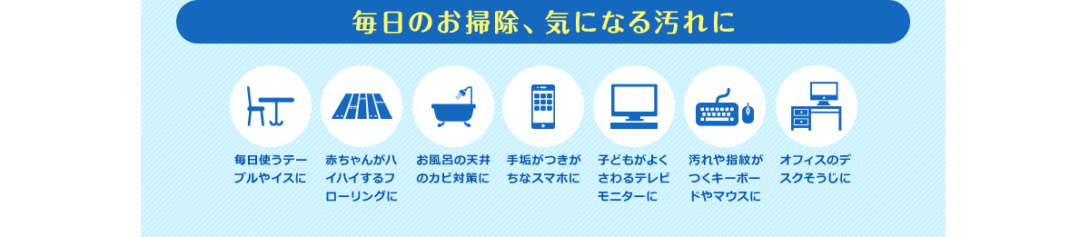 毎日のお掃除、気になる汚れに 毎日使うテーブルやイスに 赤ちゃんがハイハイするフローリングに お風呂の天井のカビ対策に 手垢がつきがちなスマホに 子どもがよくさわるテレビモニターに 汚れや指紋がつくキーボードやマウスに オフィスのデスクそうじに