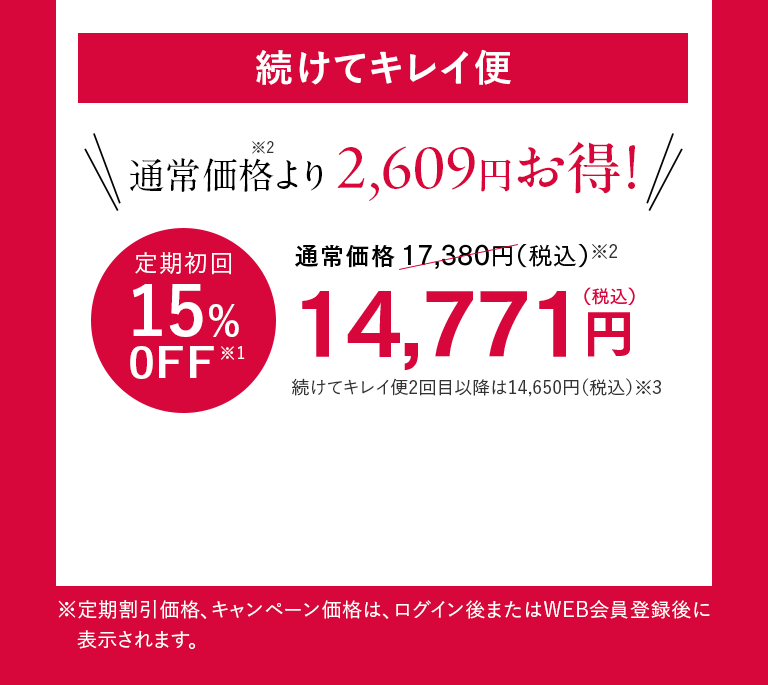 続けてキレイ便 通常価格※2より2,609円お得！ 定期初回15%0FF※1 14,771円（税込）