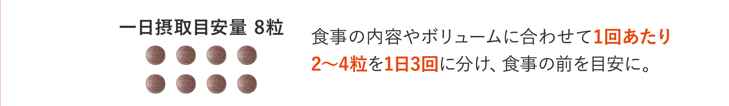 食事の内容やボリュームに合わせて1回あたり2～4粒を1日3回に分け、食事の前を目安に。